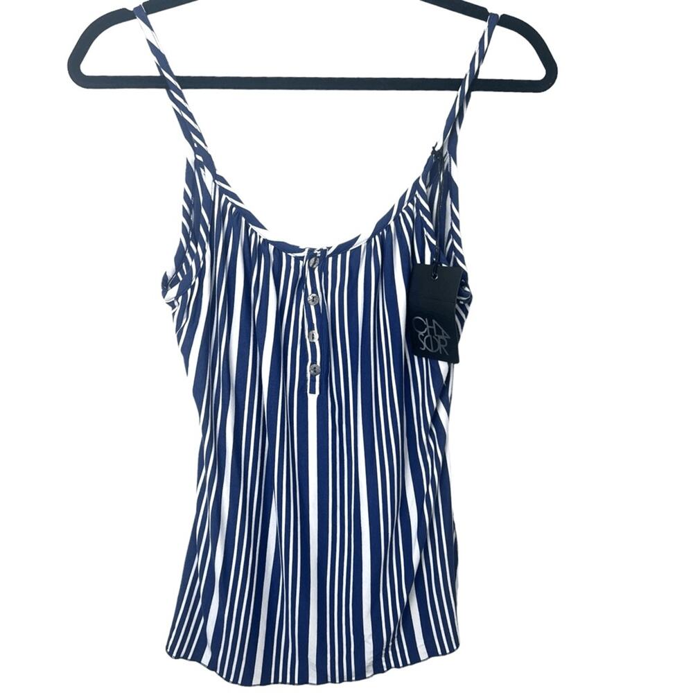 NWT Chaser Cool Jersey Flouncy Button Front Henley Sleeveless Tank Top Navy